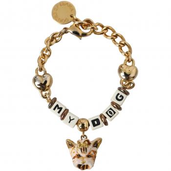 Dolce & Gabbana Charm Bracelet with Enamel Dog Face, Gold Tone Brass Chain, Yellow, Unisex, Size: ONE SIZE