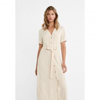 Linen Blend Midi Shirt Dress in Stone - Size L
