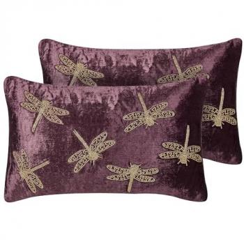 Set de 2 Cojines Decorativos de Terciopelo Violeta con Motivo de Libélula 30 x 50 cm Moderno Glamour