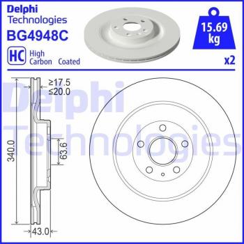 Disco de freno DELPHI BG4948C, ventilado, altamente carbonizado, 2 piezas, para XC40 (536), dimensiones 43mm x 340mm