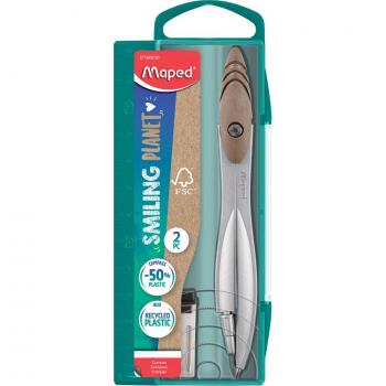 Compás Maped Smiling Planet Estuche de Minas, Estructura de Fibra de Madera y Brazos Metálicos