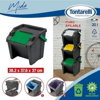 Papelera Apilable MODA 30L con Asa - Cubo Negro y Tapa Ámbar