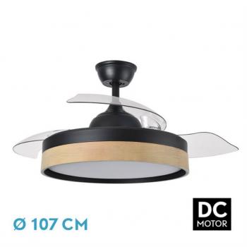 Ventilador de Techo DC Iglu 72W Negro/Haya con Luz LED, Mando a Distancia y 3 Aspas Desplegables - Potente y Eficiente