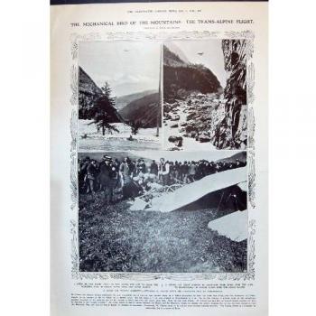 Impresión Antigua del Gato de Monchera Chavez Domodossola Ely del Vuelo de 1910 Trans-Alpine...