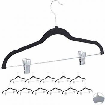Perchas de Terciopelo con Pinzas, Juego de 12, Ganchos Giratorios 360°, Soporte para Pantalones, 43 cm, Negras - Relaxdays