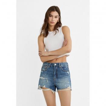Stradivarius D75 Ripped Denim Shorts Light Blue Denim
