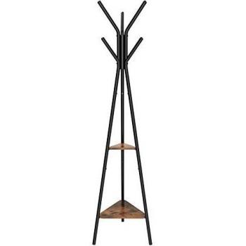 Perchero de pie VASAGLE estilo industrial con 2 estantes para ropa, sombreros y bolsas, color marrón rústico y negro