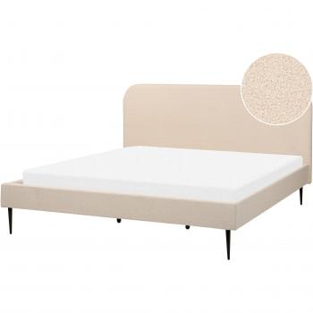 Cama Minimalista Tapizada Bouclé Beige con Cabecero y Base de Listones 180 x 200 cm, Pies Negros