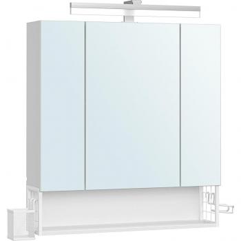 Armario de Baño Multifuncional con Espejo 3 Puertas Blanco Nube y Gris Paloma, Mueble de Pared Integrado con Enchufe, Cesta Colgante y Soporte para Secador