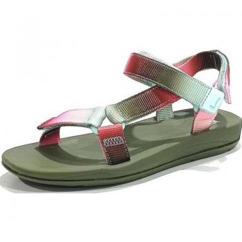 Sandalia Camper K200958-027 para mujer, color verde, modelo Twins de tela con suela de goma multicolor, planas con tiras y cierre adherente