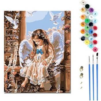 Kits de Pintura por números Kit de Pintura al óleo de Lienzo DIY para niños Adultos Principiantes con Pinceles y Pigmento acrílico 30 * 40 cm sin Marco-Ángel y Conejo
