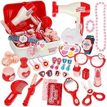 Sanlebi Pretend Maleta de Maquillaje para niños con 28 Piezas peluqueria Juguete de joyería Set para niñas de 3 años