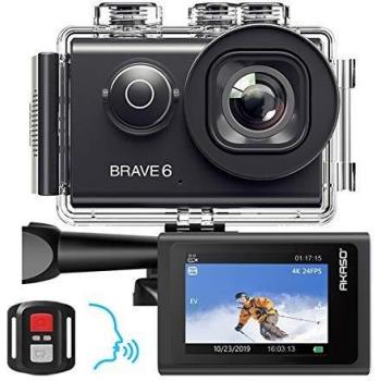 AKASO Brave 6 Cámara de acción, control de voz 4K 20MP WiFi EIS 30m Cámara subacuática impermeable Control remoto 6X Zoom videocámara subacuática, 2 baterías recargables y kit de accesorios para casco