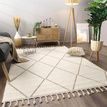 Alfombra Salón Moderna Boho Escandinava con Flecos, Pelo Corto, 240x340 cm, Color Beige