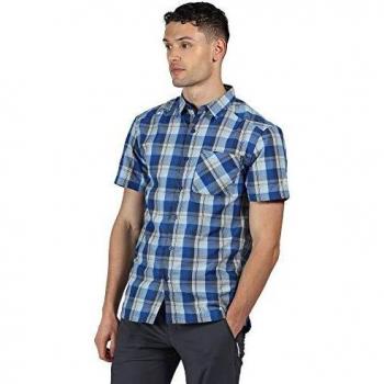 Regatta Kalambo V-Camisa Deportiva De Cuadros, Manga Corta Y Tejido De Secado Rápido Shirts, Hombre, Nautical Blue, XXL