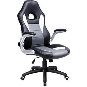 SONGMICS OBG28G Silla Racing, con Altura Ajustable, Apoyabrazos Abatibles, Mecanismo de Inclinación, Negro, Blanco y Gris