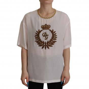 Dolce & Gabbana White Silk Gold DG Crown Crystal Blouse Top - IT36 | XS