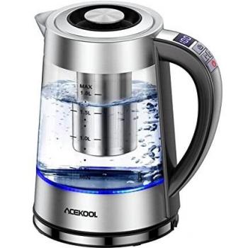 Hervidor Agua Eléctrico de Vidrio Acekool Calentador de Agua KB1 12 Niveles de Temperatura, con Infusor de Té, Función Mantener Caliente Iluminación LED Apagado Automático Libre de BPA