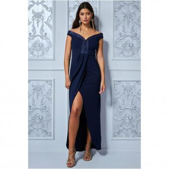 Goddiva Off The Shoulder Tulip Maxi Dress - Navy