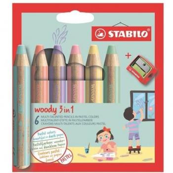 Stabilo Woody 3-in-1 Colored Pencils, Watercolor Crayons, Wax Crayons Set of 6 with Sharpener - Assorted Colors
