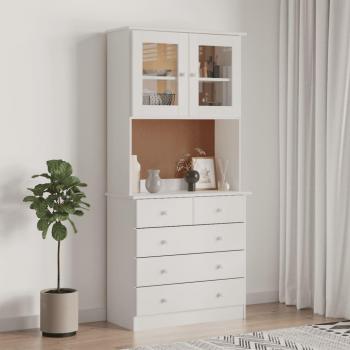 Aparador Alto ALTA Blanco 77x35x165 cm Madera Maciza de Pino, Armario Auxiliar Moderno con Puertas y Cajón