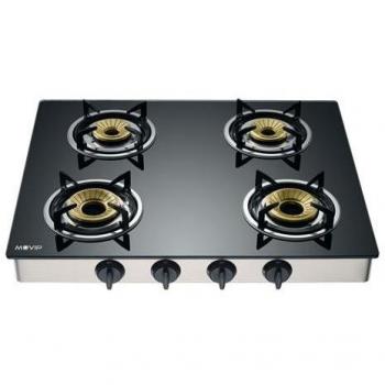 Muvip Cocina de Gas Inoxidable 4 Quemadores Cristal Templado Encendido Piezoeléctrico Quemadores Hierro Fundido Desmontables