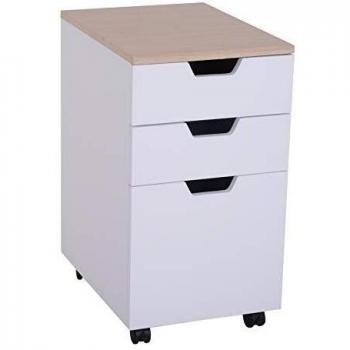 HOMCOM Armario Móvil para Oficina con 3 Cajones Ruedas Universales Freno Cajonera para Organizar Documentos 34x40x60,5 cm Blanco y Natural