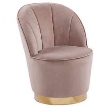 Sillón de terciopelo beige Alby con base de metal redonda, tapizado en terciopelo, estilo glamour