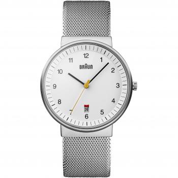 Braun Men's Quartz Watch with White Dial Analogue Display and Silver Mesh Bracelet BN0032BKBKMHG