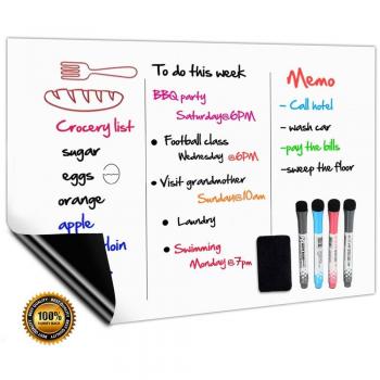 CUHIOY Pizarra Magnética Blanca A3+ para Nevera,Cocina Menú Lista Compras,Memo Recordatorio Plan Diario Avisos,Graffiti para Niños,Borrado en Seco Tablero Refrigerador,4 Marcadores e 1 Borrador