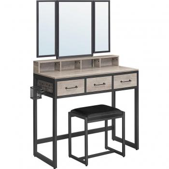 Tocador con espejo triple, taburete acolchado incluido, soporte para secador, con 3 cajones, mesa de maquillaje, varios colores