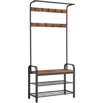 Perchero metálico multifuncional con zapatero, ganchos ajustables y espacio de almacenamiento adicional, diseño elegante y resistente, fácil de montar, ideal para entrada o habitación, disponible en varios colores, 72x33,7x