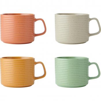 Juego de Cuatro Tazas de Gres Apilables KitchenCraft Idilica, Multicolores, 400ml de Capacidad, Aptas para Lavavajillas y Microondas