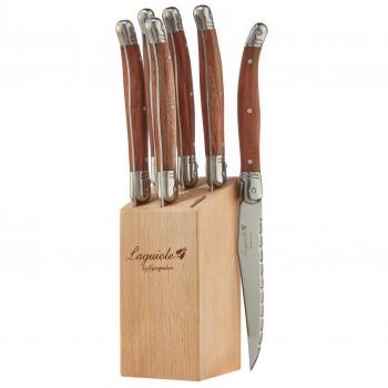 FlyingColors Laguiole Steak Knife Set, Micro Serrated Blade, Stainless Steel, Wood Block, Wood Handle, 6 Pieces