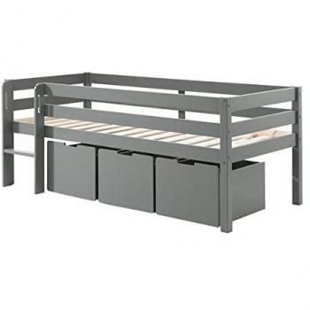Cama de media altura Vipack Pino 90x200 cm con somier, escalera y 3 cajones, color gris, fabricada en Europa