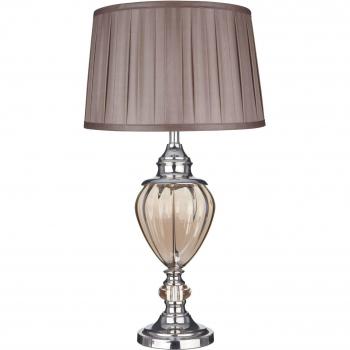 Lámpara de mesa Greyson de Searchlight, ligera, cromo, ámbar, urna de vidrio con pantalla plisada marrón, E27