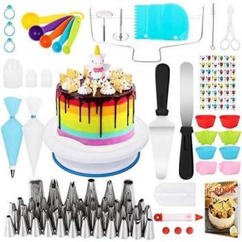 Popolic 120pcs Juego de Decoración de Pasteles, Torta Giratoria, Cake Turntable, Decoración de Pasteles, Manga Pastelera, Herramienta de Pastelería con 54 Boquillas de Tubería para Cumpleaños Fiesta