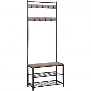 Perchero zapatero con banco recibidor integrado, mueble 3 en 1 de acero para entrada y pasillo, diseño industrial, dimensiones 32x70x177 cm