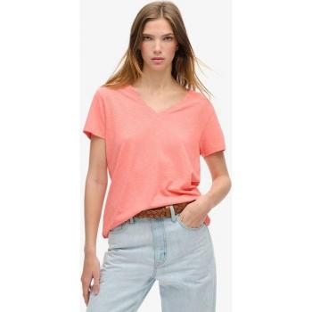 Camiseta de mujer Superdry flameada con cuello de pico bordada en color melocotón ámbar rosa