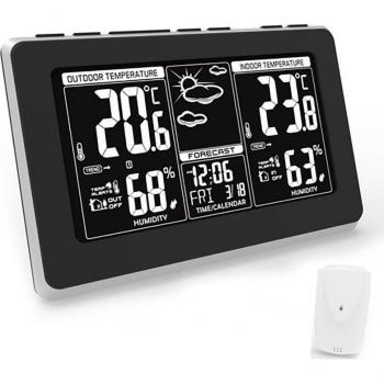 Adler AD 1175 Estación Meteorológica Digital con Temperatura y Humedad Interior/Exterior, Sensor Inalámbrico, Pronóstico de Tiempo, Indicador Fecha y Hora, Alarma, Pantalla
