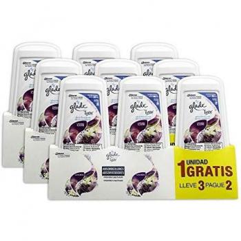 GLADE Gel Ambientador Absorbeolores de Larga duración para baños armarios y Espacios pequeños, Fragancia Lavanda aceites Esenciales, 3x150 gr, 9 Unidades