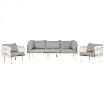 Conjunto de sofá y sillones de jardín con estructura metálica, respaldo de cuerda y cojines grises Senise