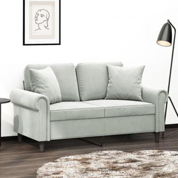 Light Gray Velvet 2-Seater Sofa with Throw Pillows, 120 cm