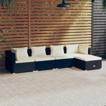 5-Piece Black Poly Rattan Garden Lounge Set with Cushions