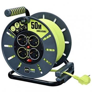 Masterplug Pro-XT Enrollacable 50m, Alargador 4 Eschufes Schuko, Extension Electico 3000w Gris / Verde