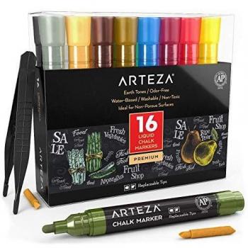 ARTEZA Rotuladores de tiza líquida | Set de 16 Colores pastel | Puntas recambiables | Pinzas, 50 etiquetas y 2 plantillas | Rotuladores para cristal borrables | Para múltiples superficies
