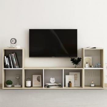 Mueble TV Set 3 piezas Blanco y Madera Sonoma multicapa, incluye 3 piezas de muebles de salón, fabricado en madera de ingeniería con acabados en blanco y roble Sonoma