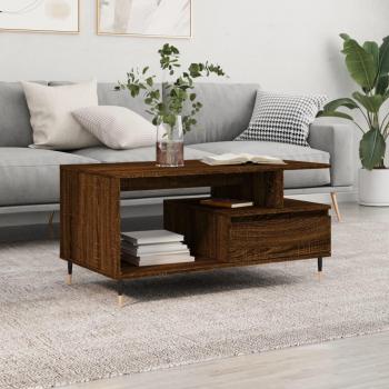 Mesa de centro de madera contrachapada en color roble marrón, dimensiones 90x49x45 cm, fabricada con madera multicapa