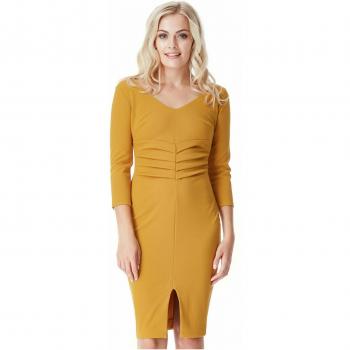 Mustard V Neck Pleated Midi Dress with Split Detail