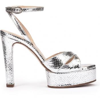 Sandalias de tacón con plataforma y pulsera en piel grabada metalizada - Modelo PATRICIA